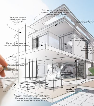 Architect creative process 3D rendering of a hand scribbling technical details on a luxury house draft. The handwriting is dummy text for illustration purposes